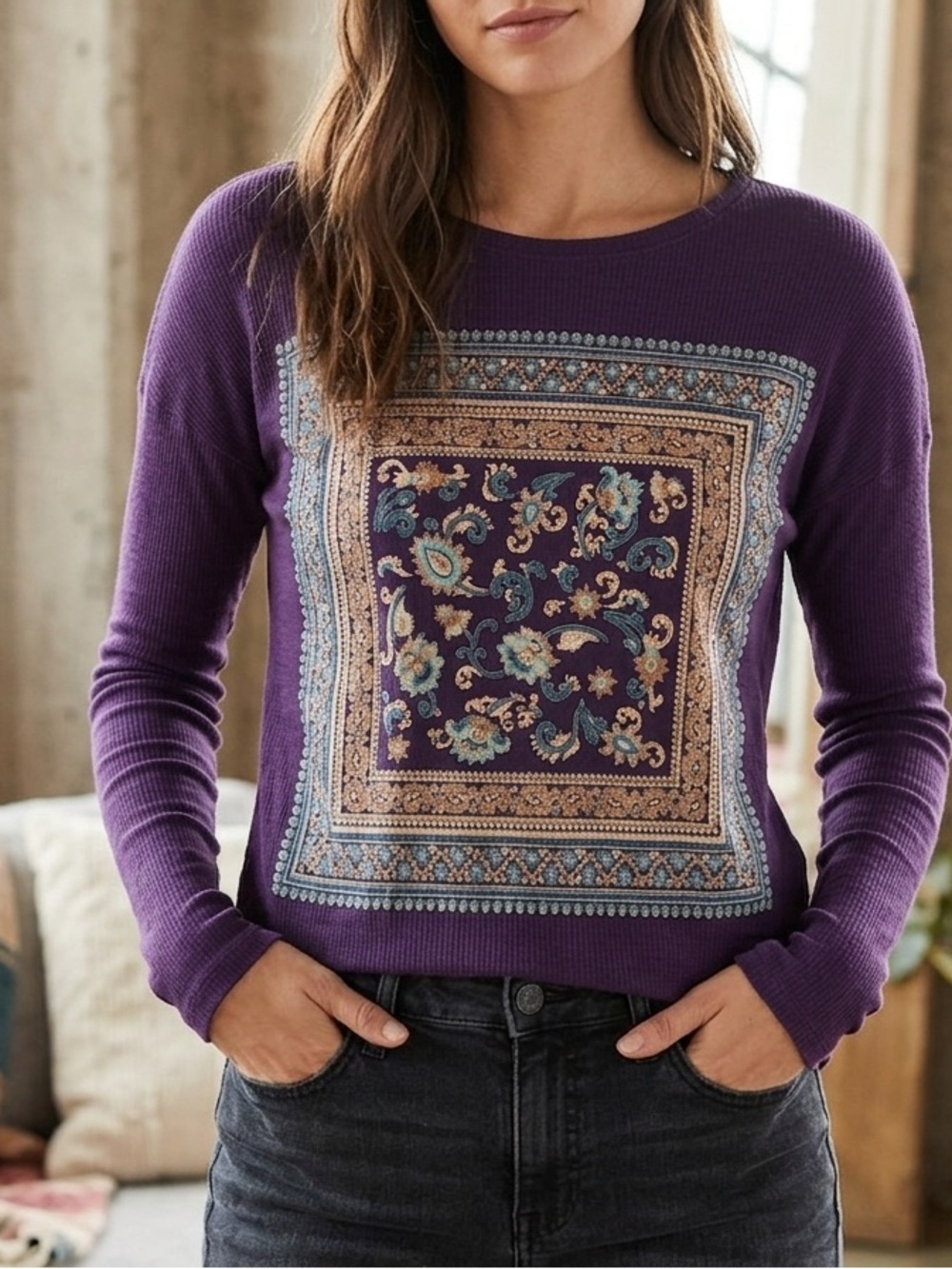 Purple Paisley Bandana Print Long Sleeve Top | Boho Thermal | Size M